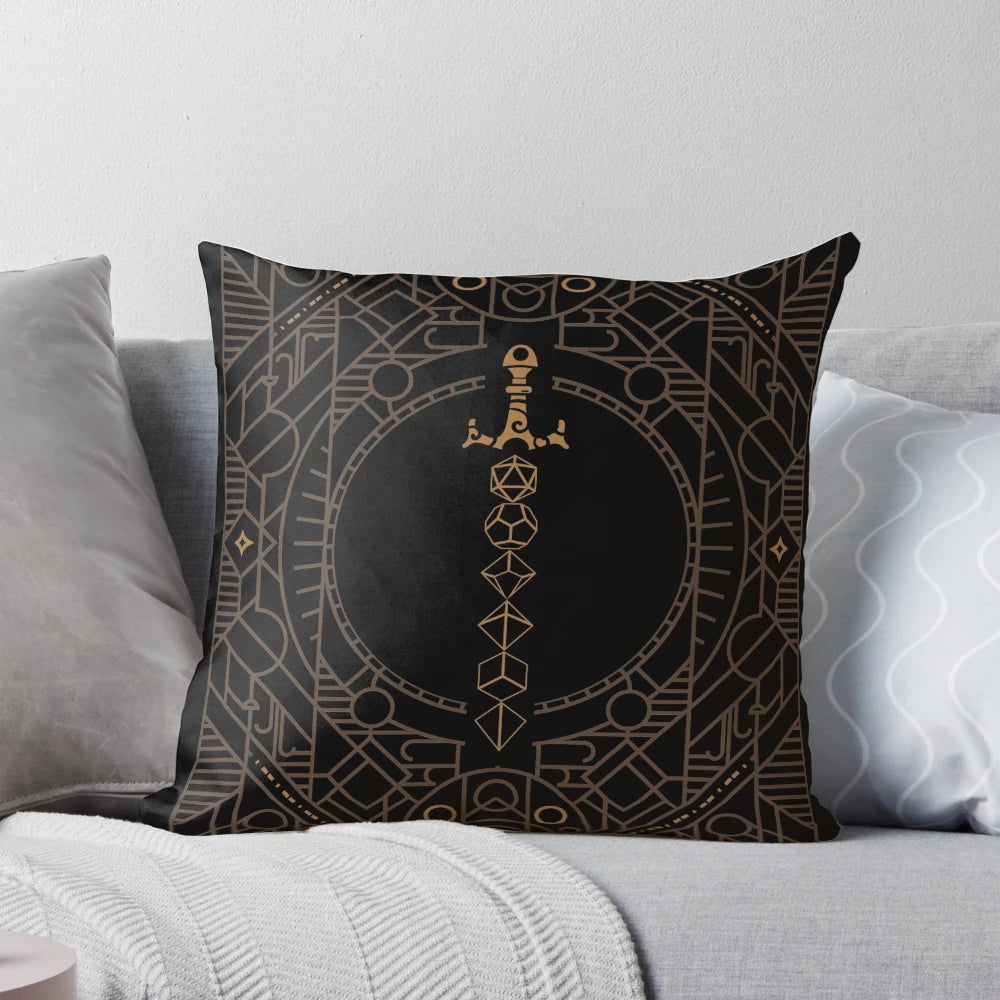Vintage Polyhedral Dice Sword Minimalist Geometry Pillow for Dungeons & Dragons Fans
