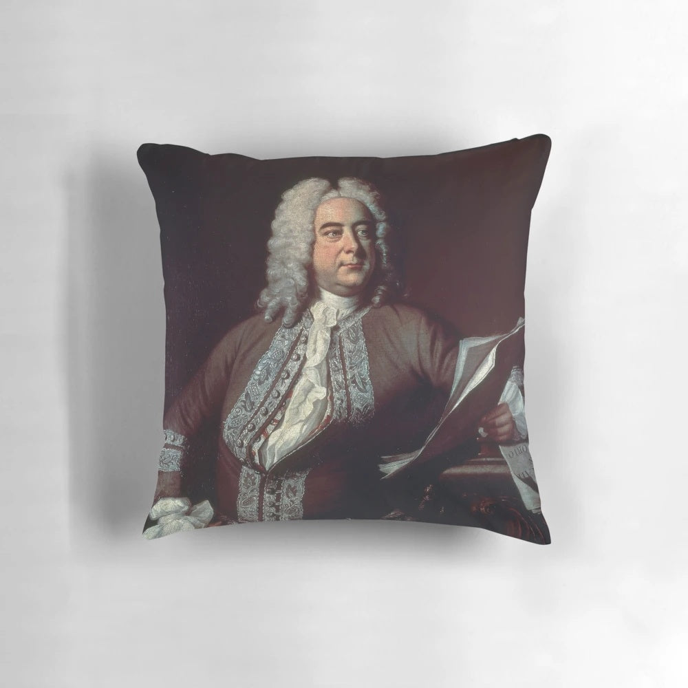 Vintage-style pillow featuring a portrait of the renowned German Baroque composer George Handel