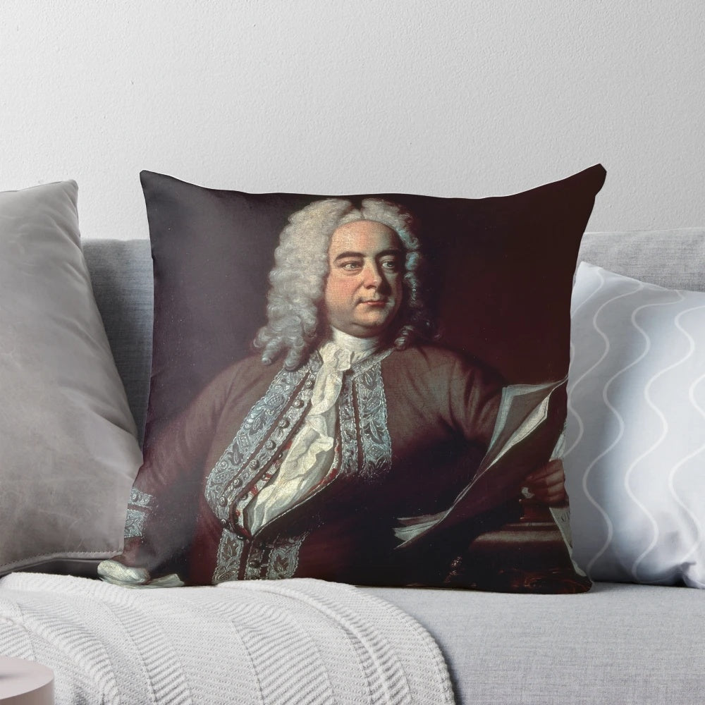 Vintage-style pillow featuring a portrait of the renowned German Baroque composer George Handel