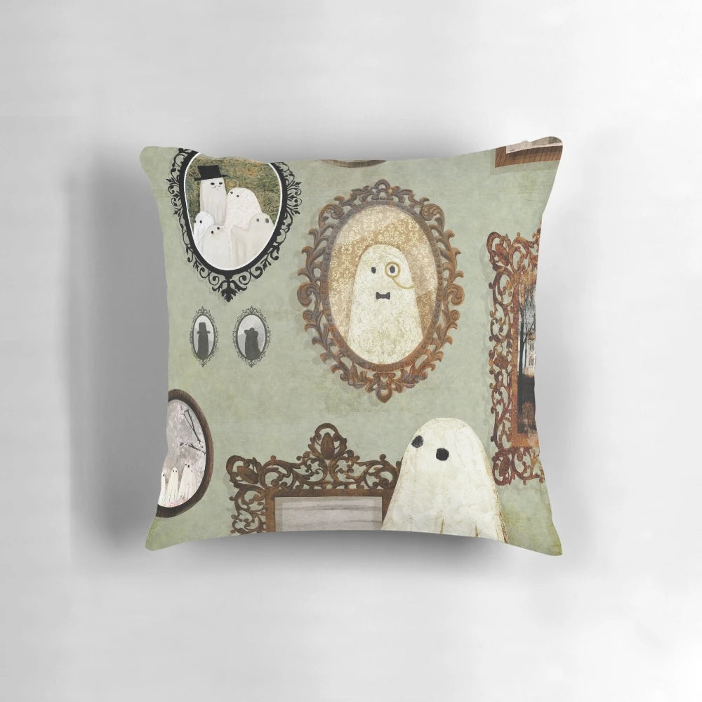 Vintage-style portrait pillow with a spooky, ghostly appearance, perfect for Halloween and home decor.