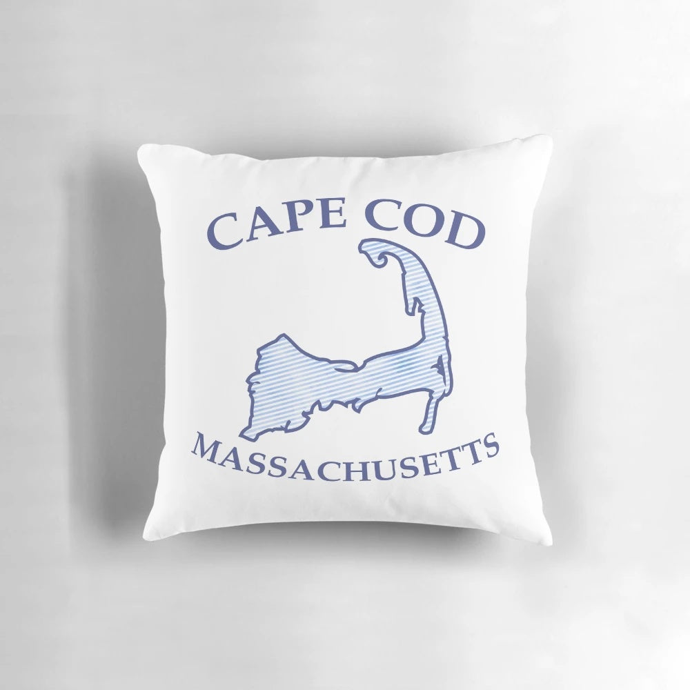 Vintage preppy decorative pillow featuring a watercolor map of Cape Cod, Massachusetts in shades of blue and white.