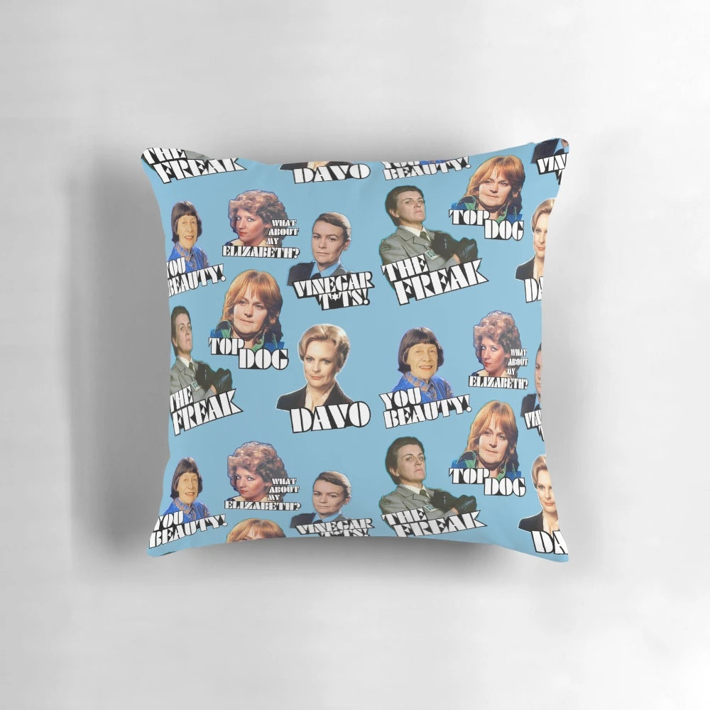 Vintage-style Prisoner Cell Block H character art printed on a plush pillow.