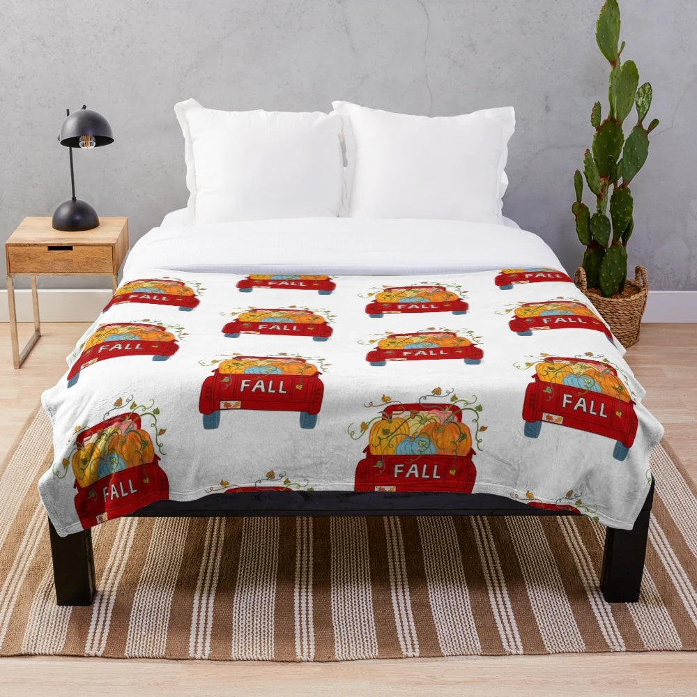 Vintage Red Pumpkin Truck Plush Blanket