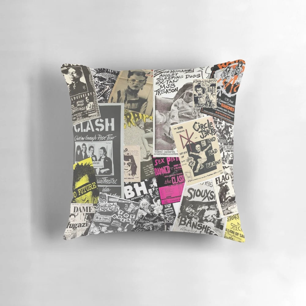 Vintage punk rock flyers collage printed on a soft, comfortable pillow.