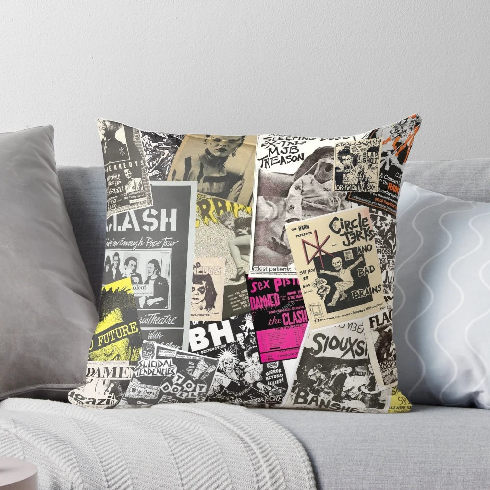 Vintage punk rock flyers collage printed on a soft, comfortable pillow.
