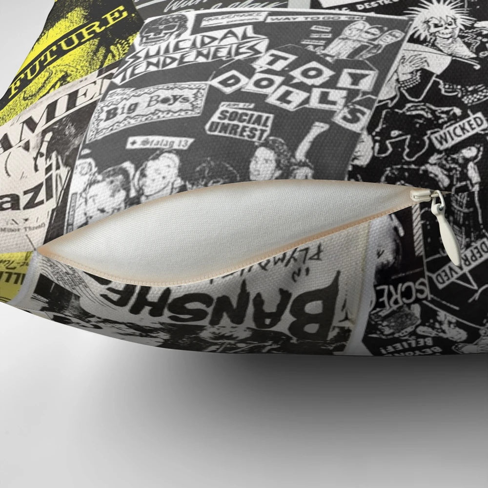 Vintage punk rock flyers collage printed on a soft, comfortable pillow.