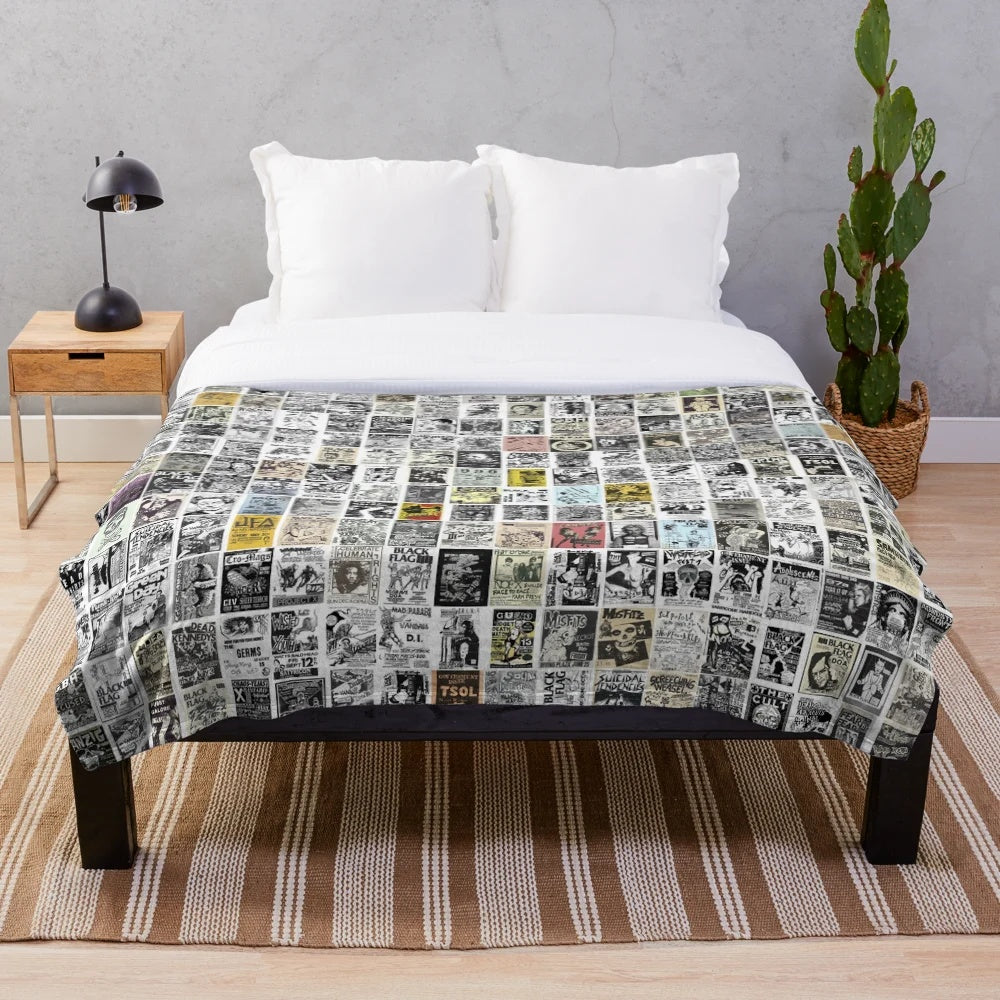 Vintage punk rock inspired plush blanket featuring authentic-looking 1980s punk flyers