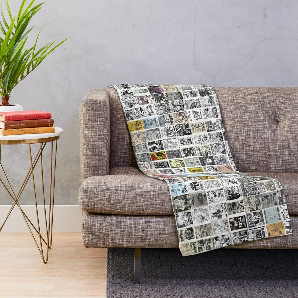 Vintage punk rock inspired plush blanket featuring authentic-looking 1980s punk flyers