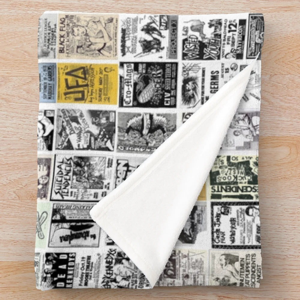 Vintage punk rock inspired plush blanket featuring authentic-looking 1980s punk flyers