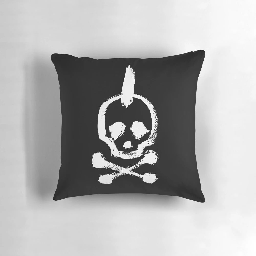 A vintage-inspired, distressed punk rock pillow featuring a bold, edgy design