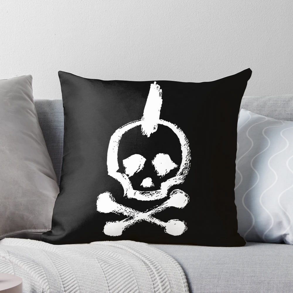 A vintage-inspired, distressed punk rock pillow featuring a bold, edgy design