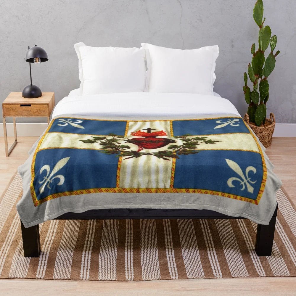Vintage Quebec flag plush blanket with fleurs de lys design