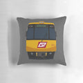 Vintage Queensland Rail EMU01 cartoon art pillow featuring a yellow train with a bandicoot mascot