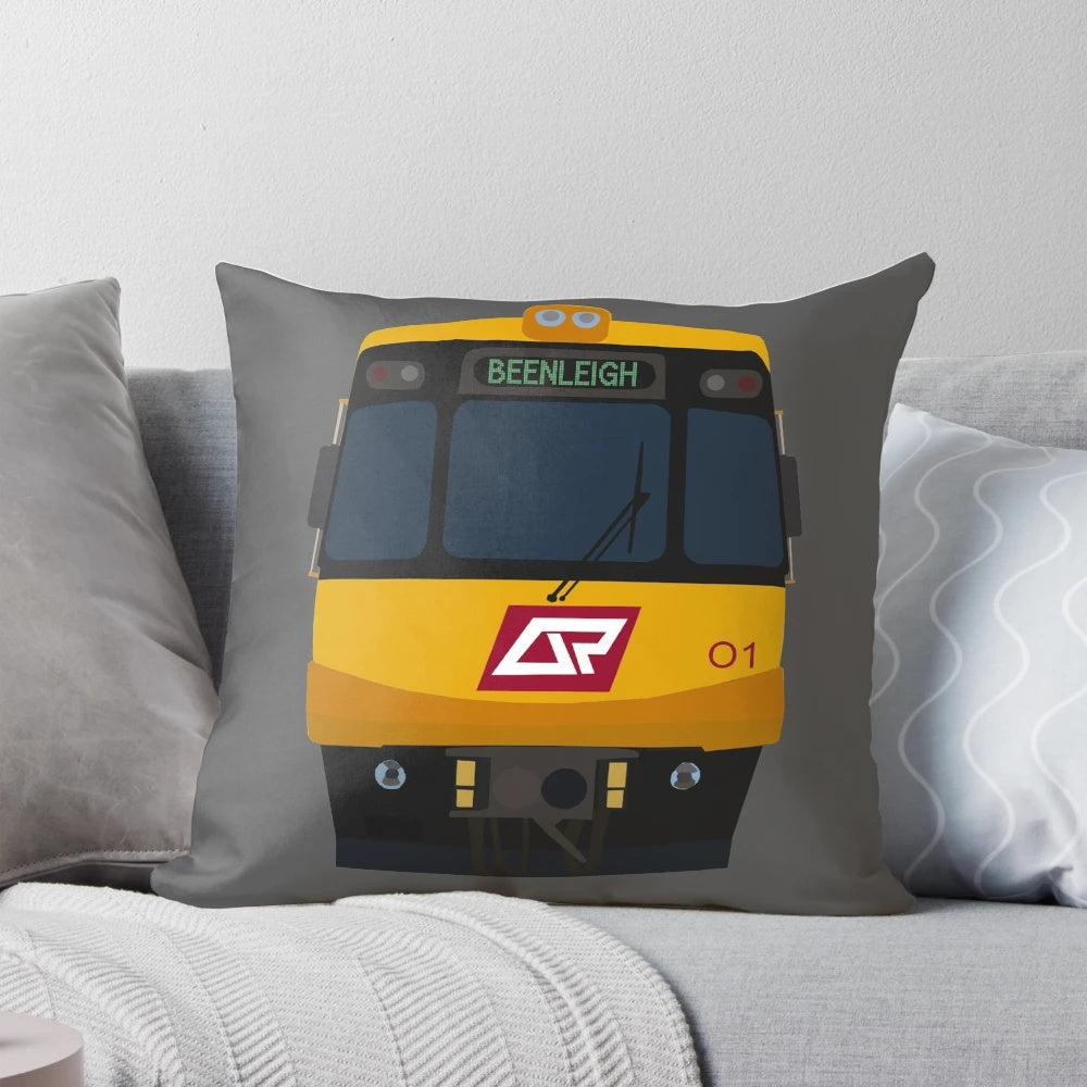 Vintage Queensland Rail EMU01 cartoon art pillow featuring a yellow train with a bandicoot mascot