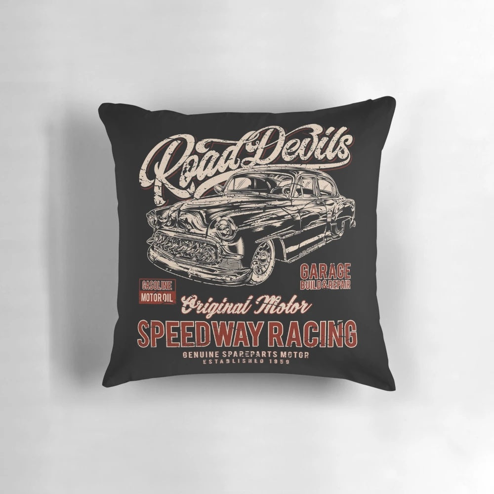 Vintage racing car pillow with retro muscle car and classic hot rod design