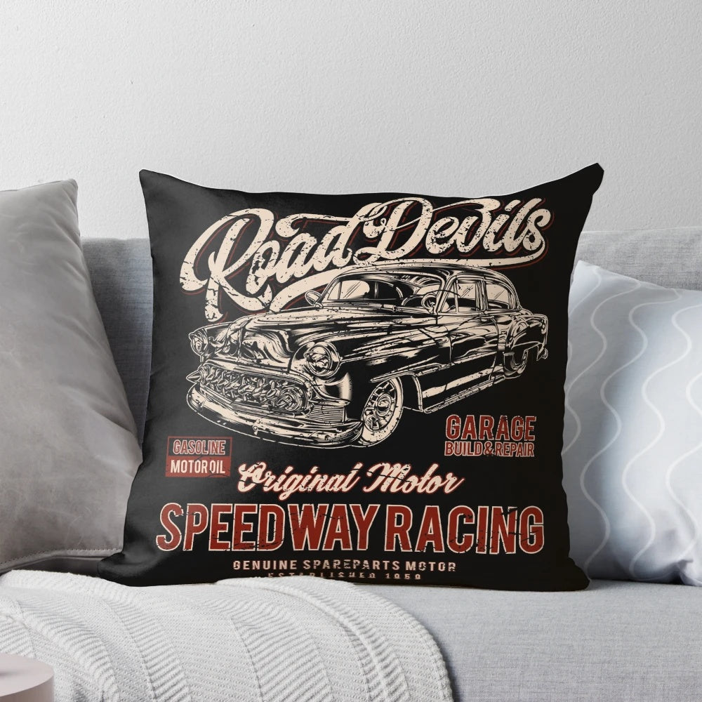 Vintage racing car pillow with retro muscle car and classic hot rod design