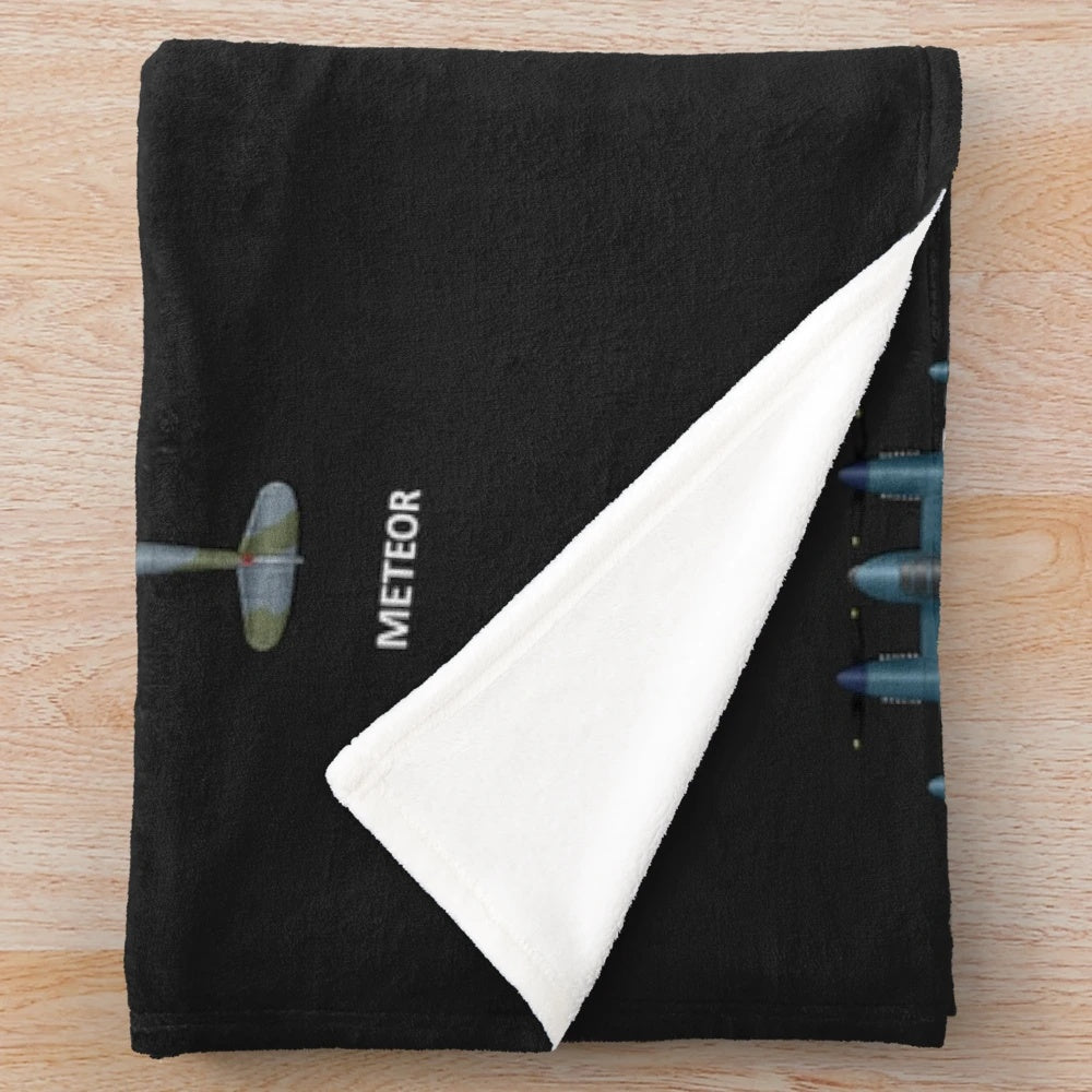 Plush blanket featuring vintage RAF fighter planes like the Spitfire, Hurricane, and more