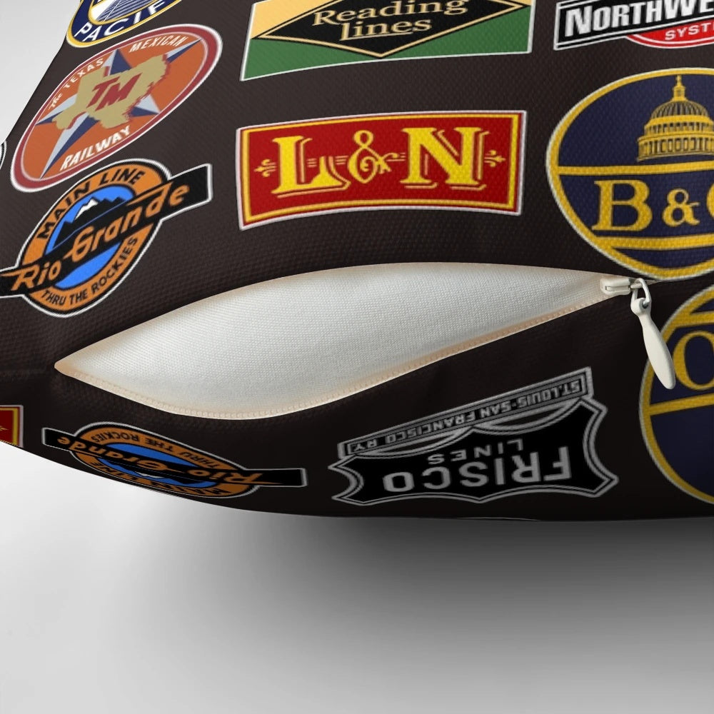 Vintage railroad logos pillow, featuring defunct train company designs