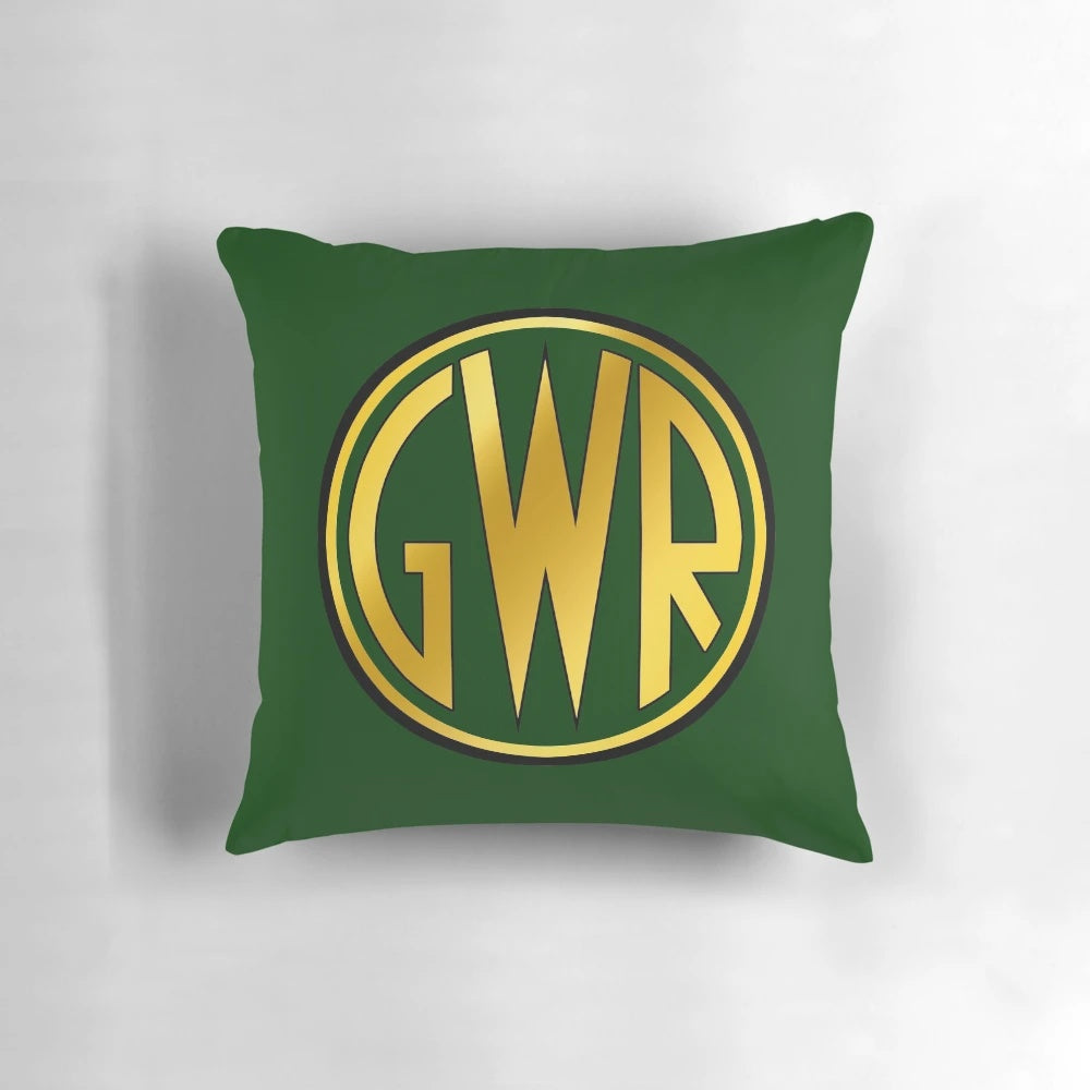 Vintage-style pillow featuring the Great Western Railway (GWR) roundel or shirt button design, perfect for railway enthusiasts.