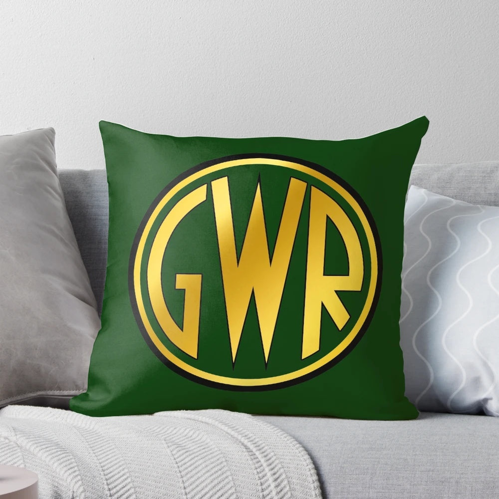 Vintage-style pillow featuring the Great Western Railway (GWR) roundel or shirt button design, perfect for railway enthusiasts.