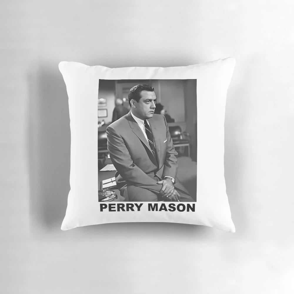 Vintage-style throw pillow featuring the iconic television character Raymond Burr as Perry Mason.