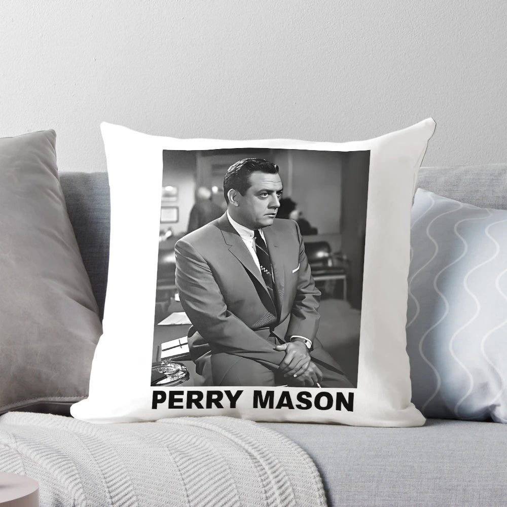 Vintage-style throw pillow featuring the iconic television character Raymond Burr as Perry Mason.