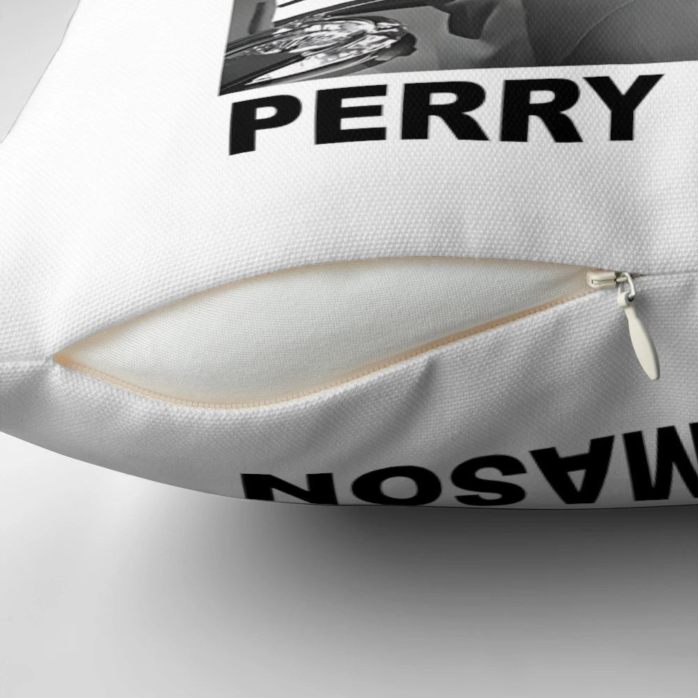 Vintage-style throw pillow featuring the iconic television character Raymond Burr as Perry Mason.