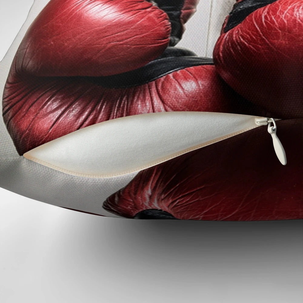 Vintage red boxing gloves printed on a soft, plush throw pillow for sports and boxing-themed home decor.