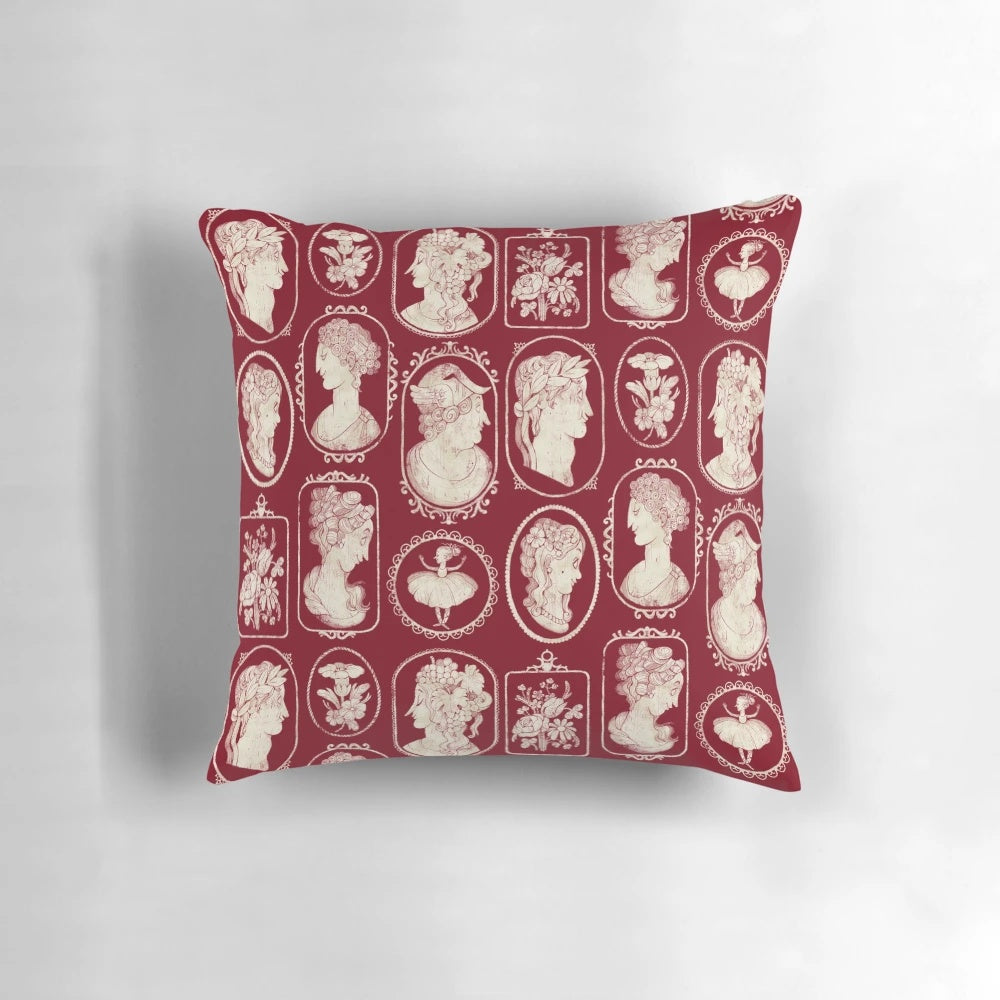 Vintage red cameo pillow with floral and Victorian-inspired design