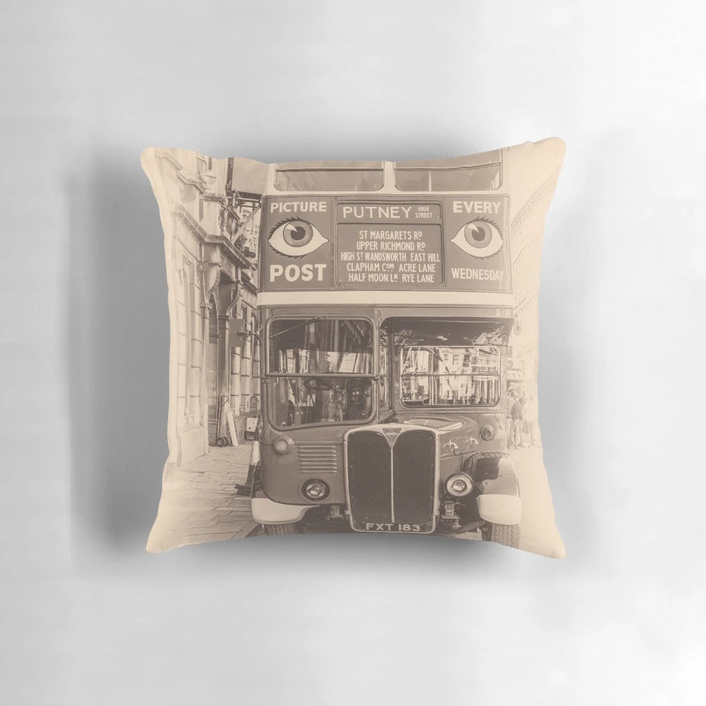 Vintage red London bus pillow with a classic design for home decor