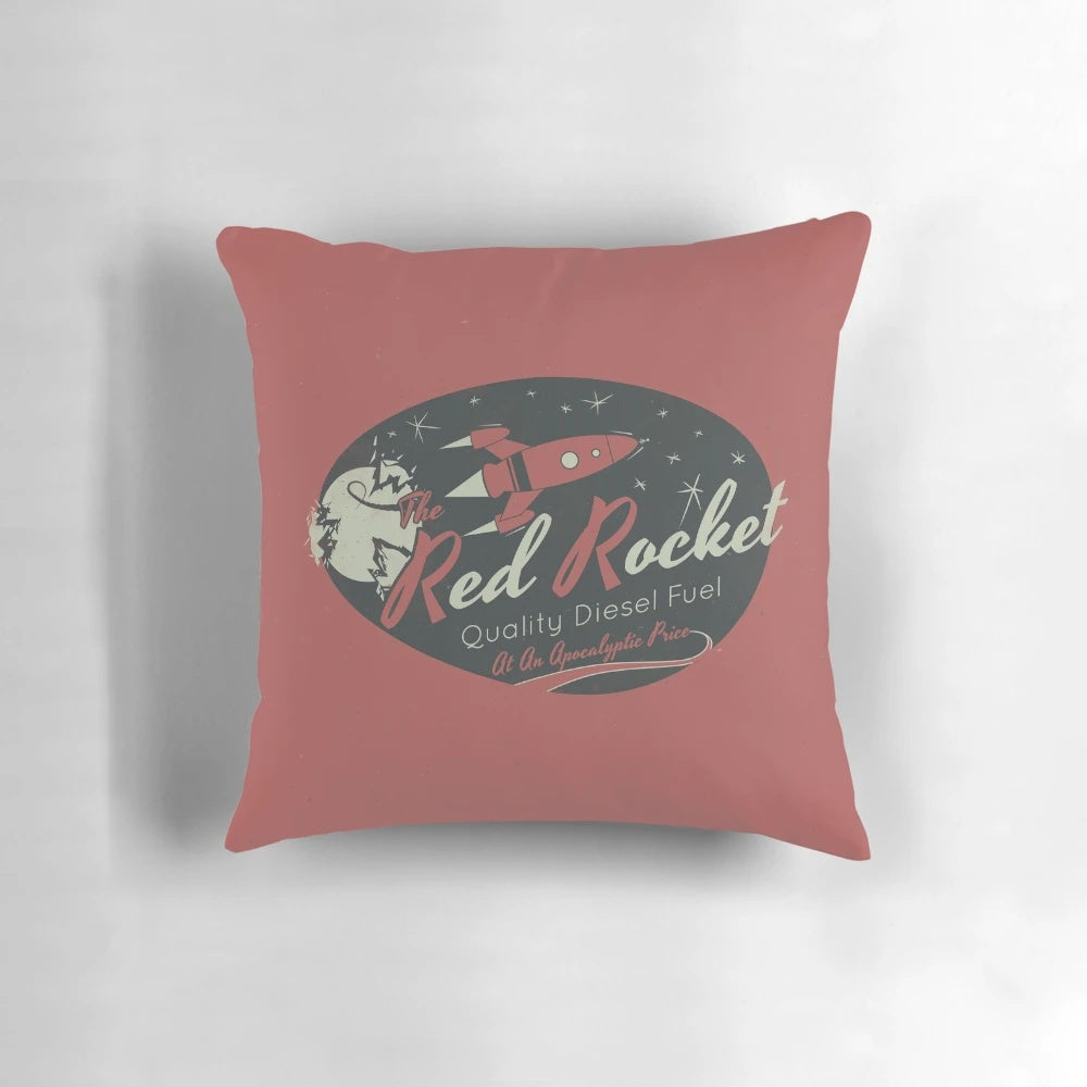 Distressed red rocket pillow, inspired by the Fallout video game series