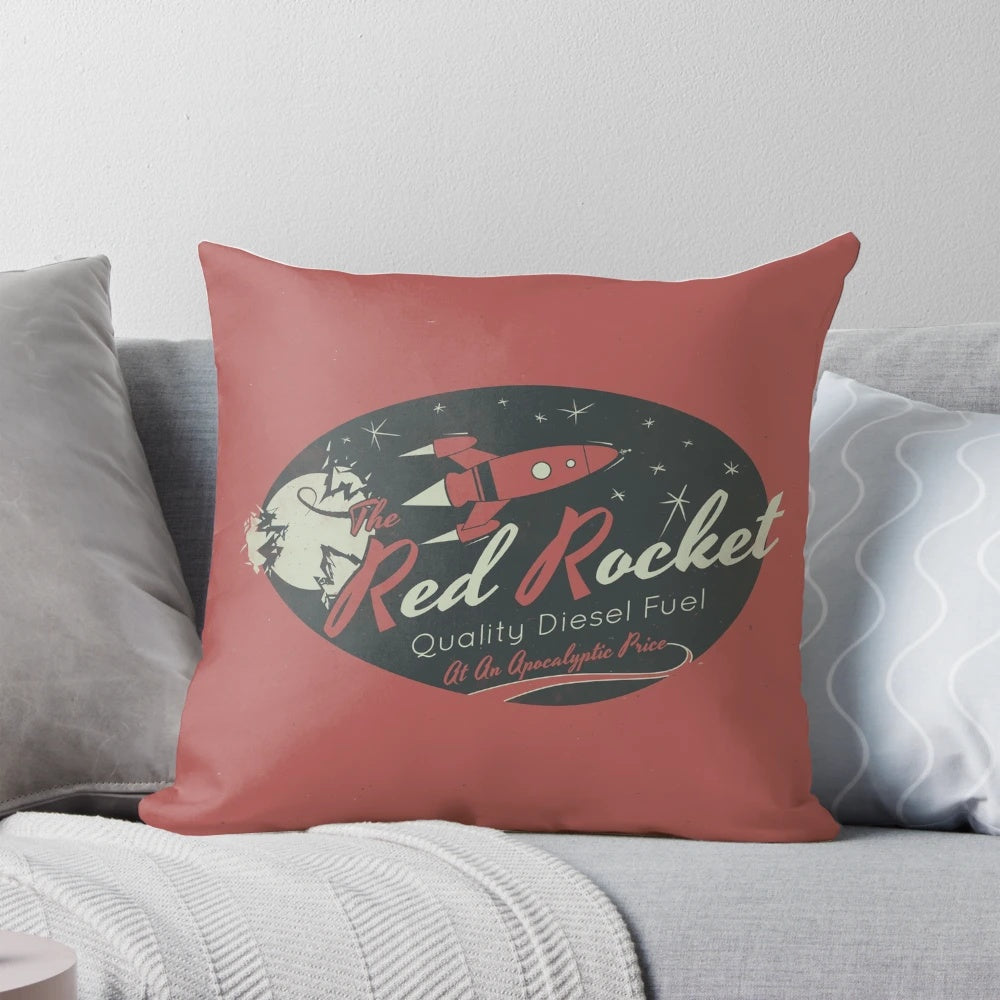 Distressed red rocket pillow, inspired by the Fallout video game series