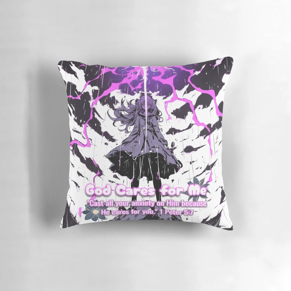 Vintage retro christian faith inspired manga anime art pillow with the message "God cares for me