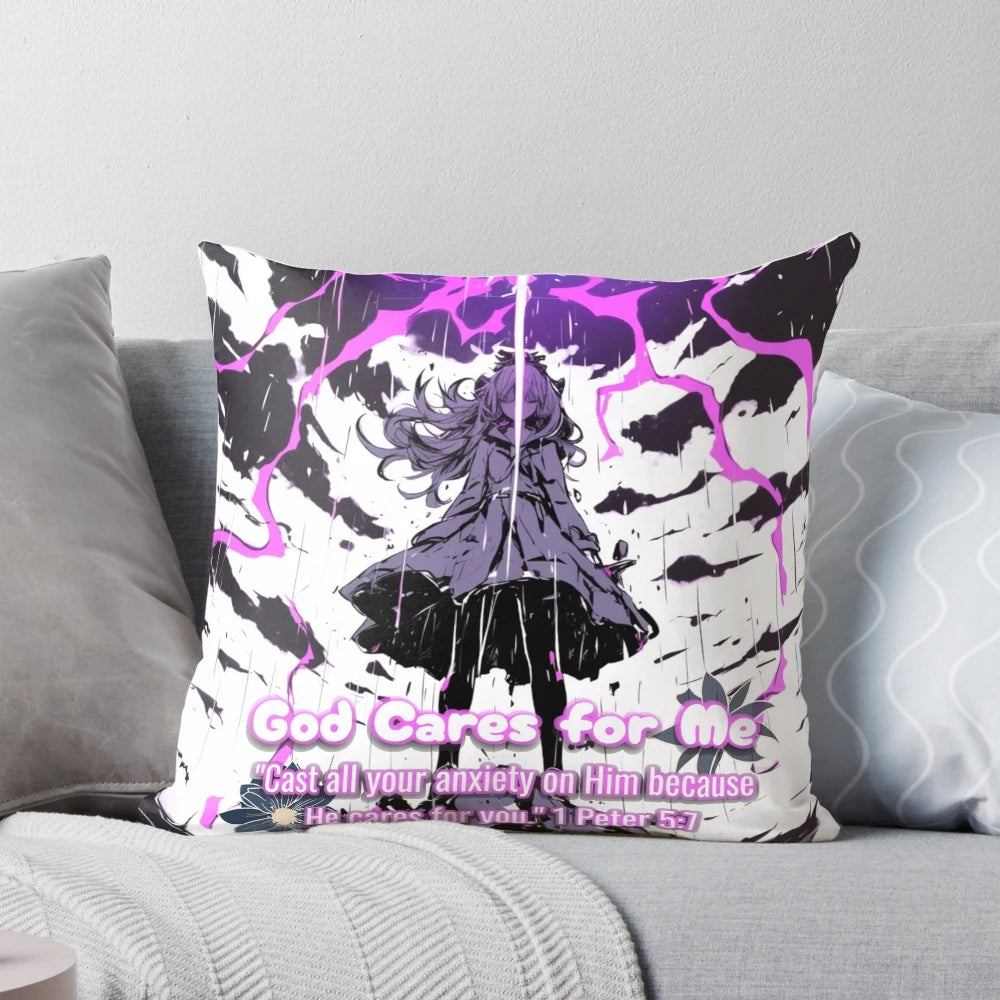 Vintage retro christian faith inspired manga anime art pillow with the message "God cares for me