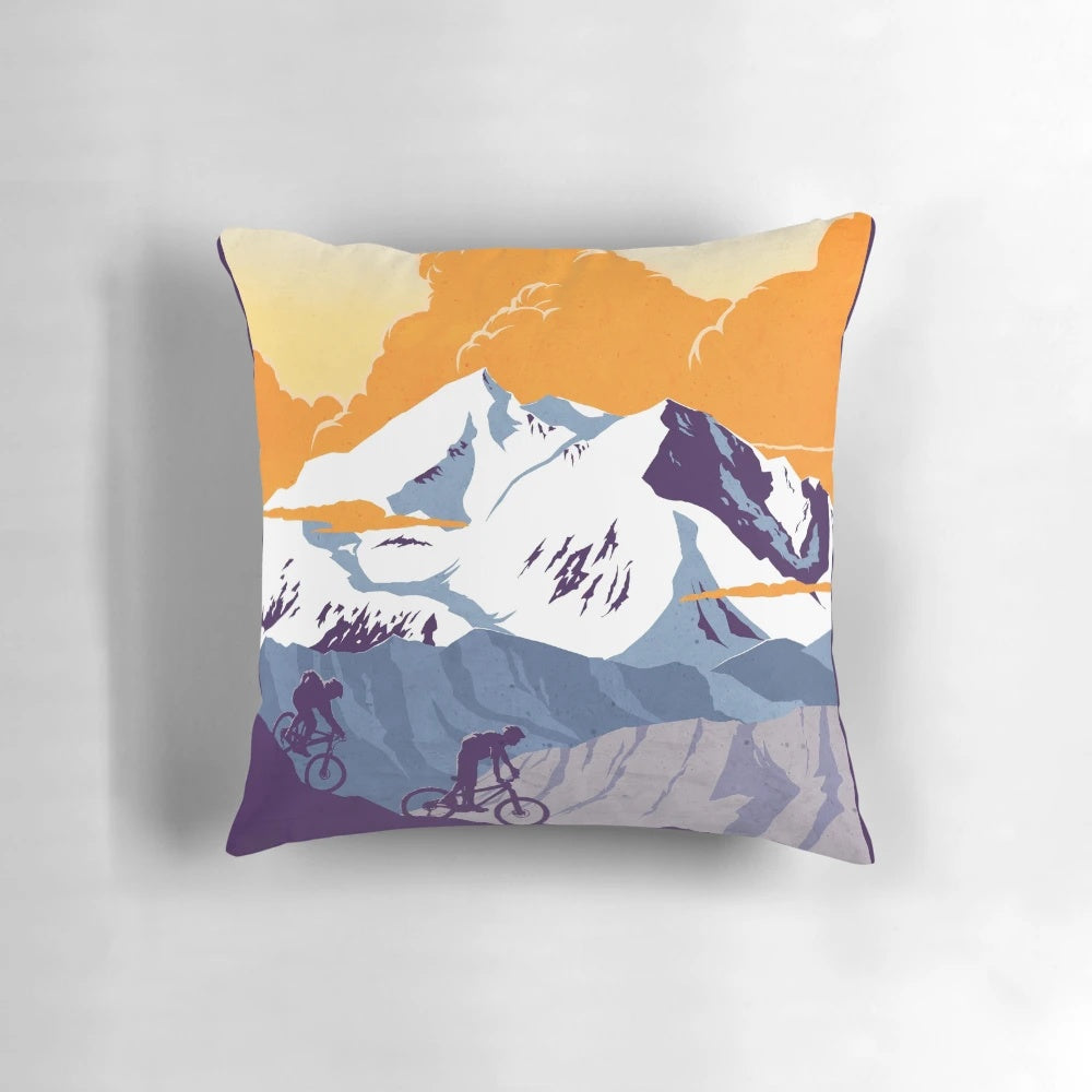 Vintage retro cycling poster pillow with "Live to Ride, Ride to Live" slogan and mountain bike silhouette illustration.