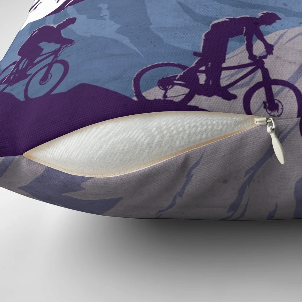 Vintage retro cycling poster pillow with "Live to Ride, Ride to Live" slogan and mountain bike silhouette illustration.