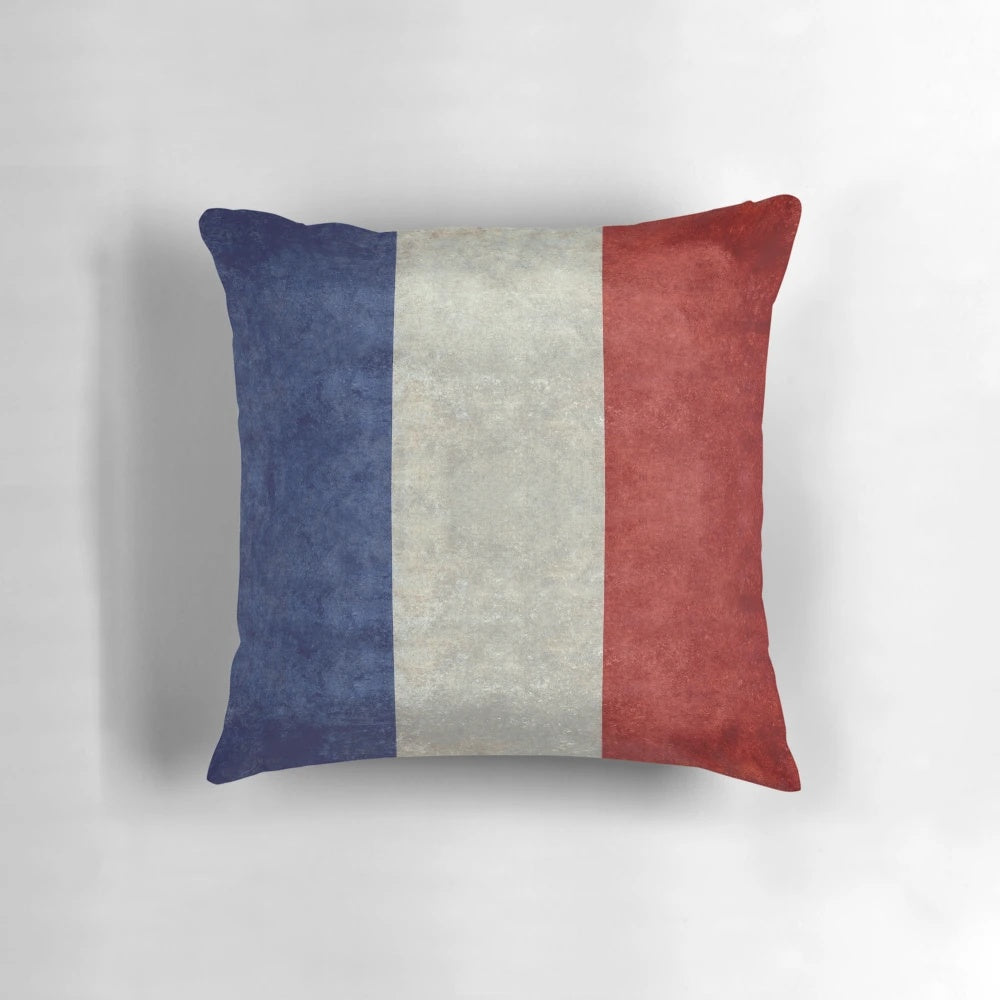 Vintage retro-style pillow featuring the flag of France in a distressed, aged look