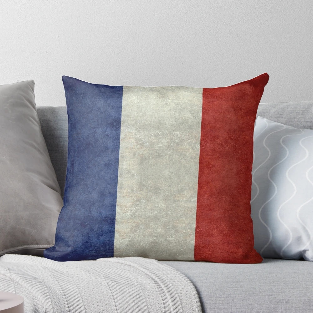 Vintage retro-style pillow featuring the flag of France in a distressed, aged look