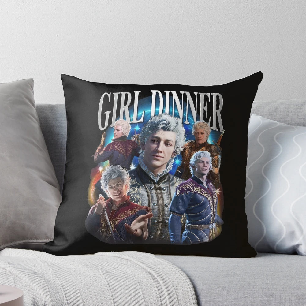 Vintage retro-style pillow design featuring Astarion, a character from the Baldur's Gate 3 video game.