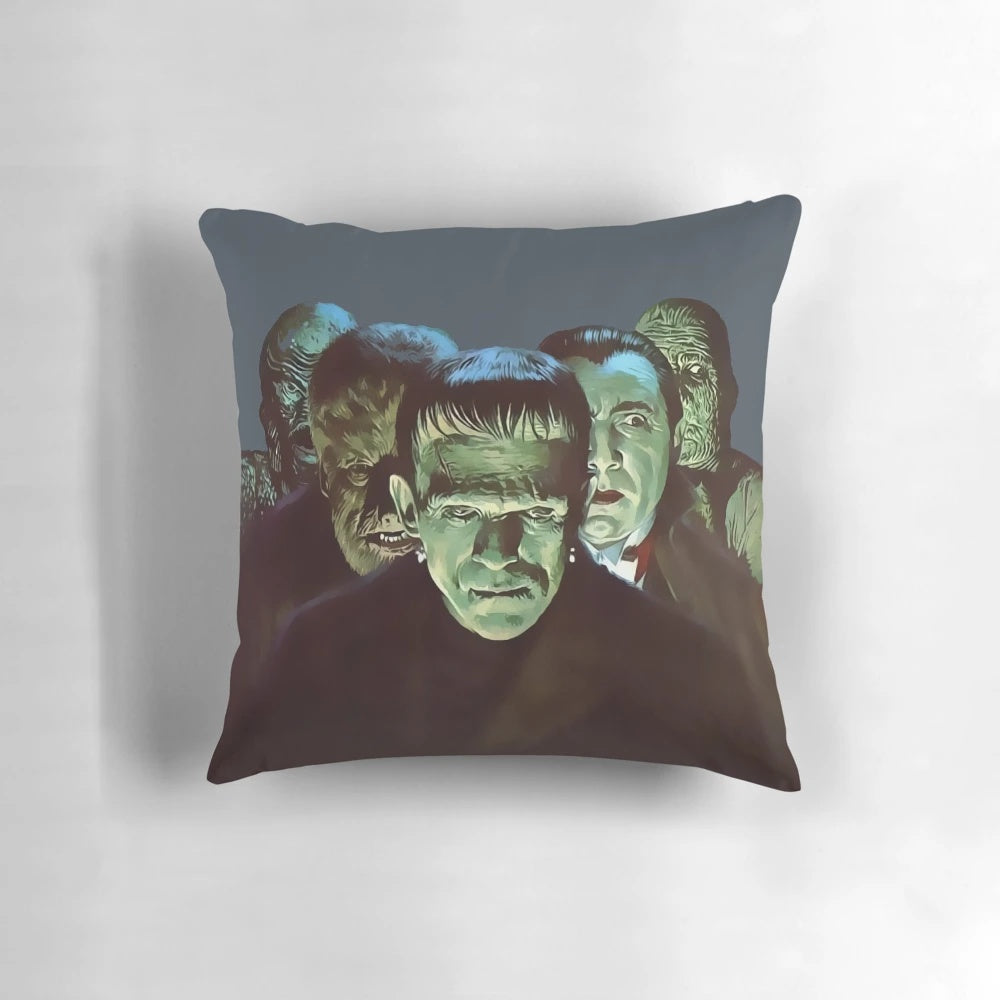 Vintage retro monster movie-inspired pillow design