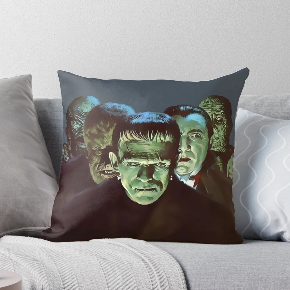 Vintage retro monster movie-inspired pillow design
