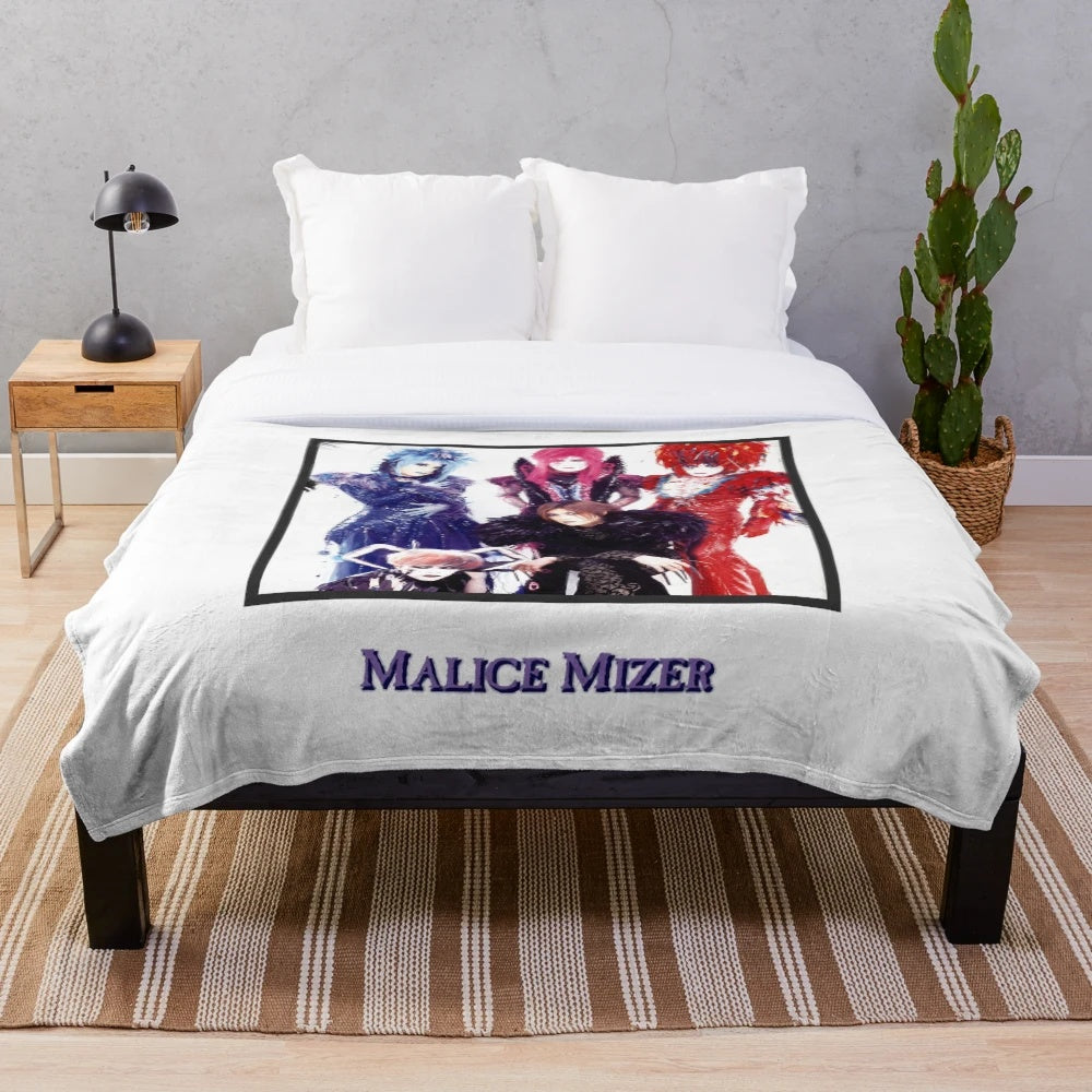 Vintage-style plush blanket featuring the Malice Mizer band's gothic and visual kei aesthetic