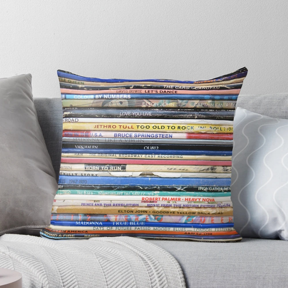 Vintage retro record album spine pillow featuring colorful album covers for music enthusiasts