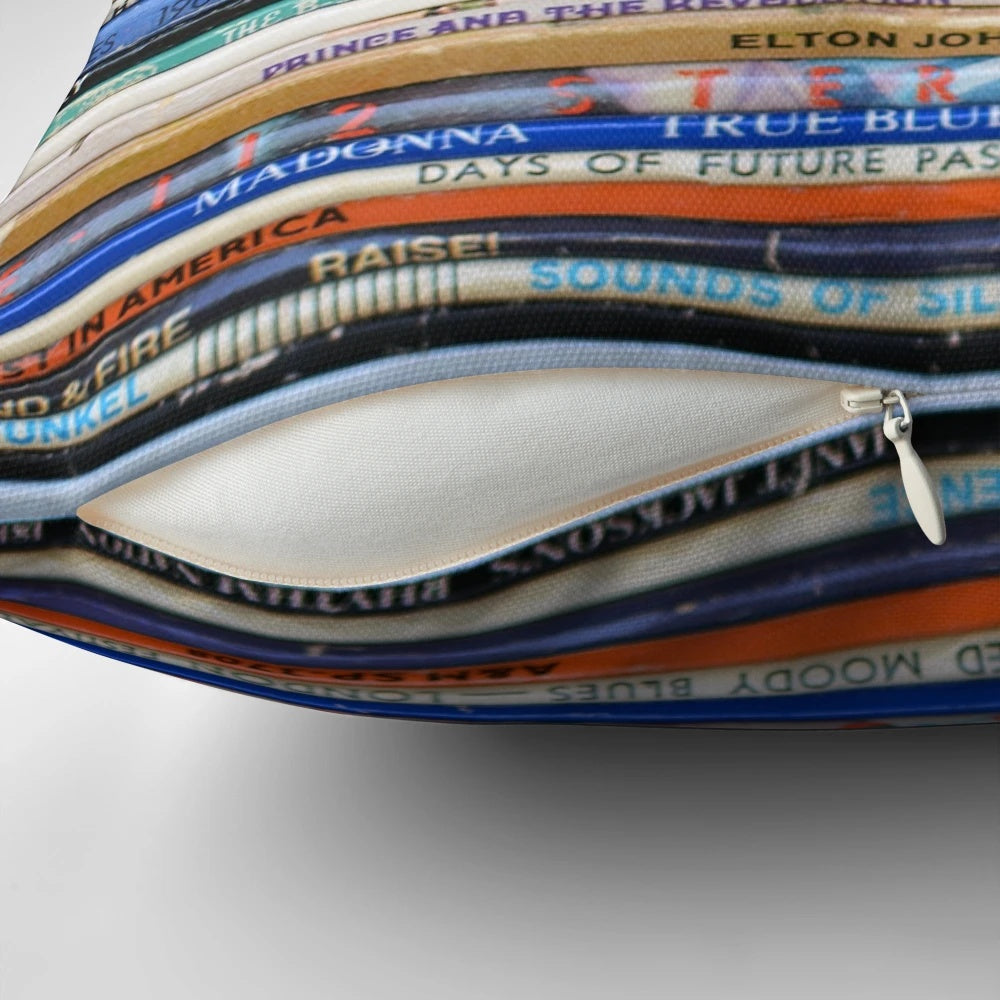 Vintage retro record album spine pillow featuring colorful album covers for music enthusiasts