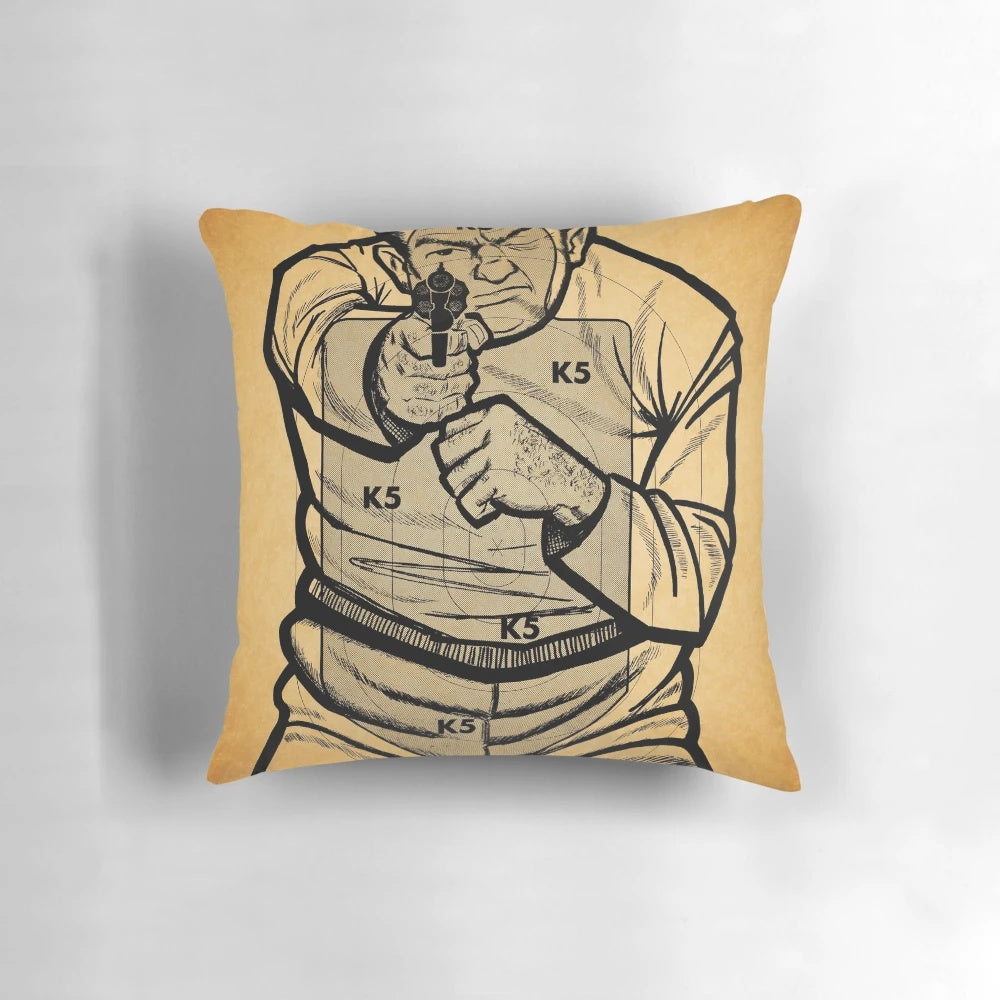 Vintage-style pillow with a retro shooting target design, perfect for crime and villain enthusiasts.