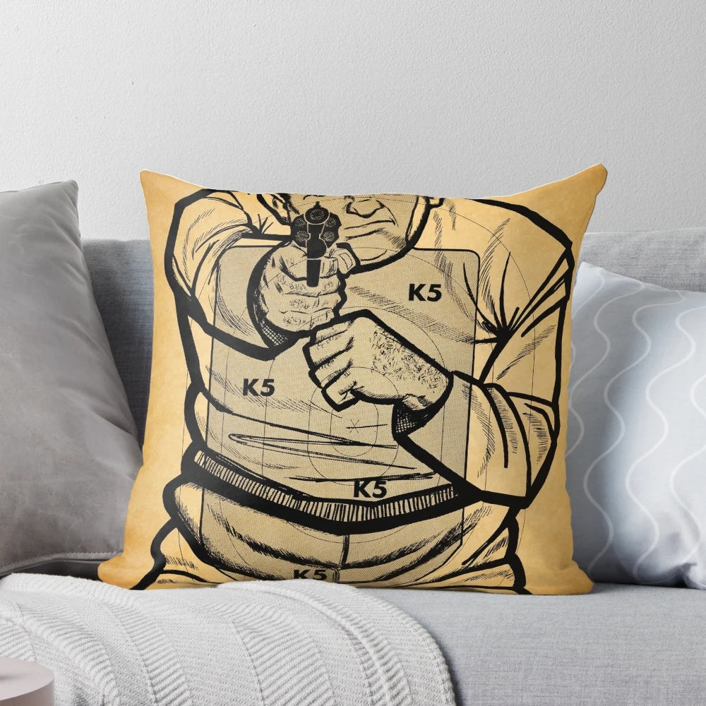 Vintage-style pillow with a retro shooting target design, perfect for crime and villain enthusiasts.