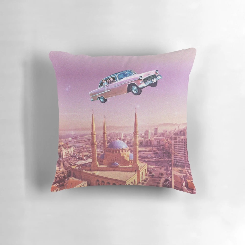 A surreal digital art collage of a vintage retro car floating over the streets of Lebanon.