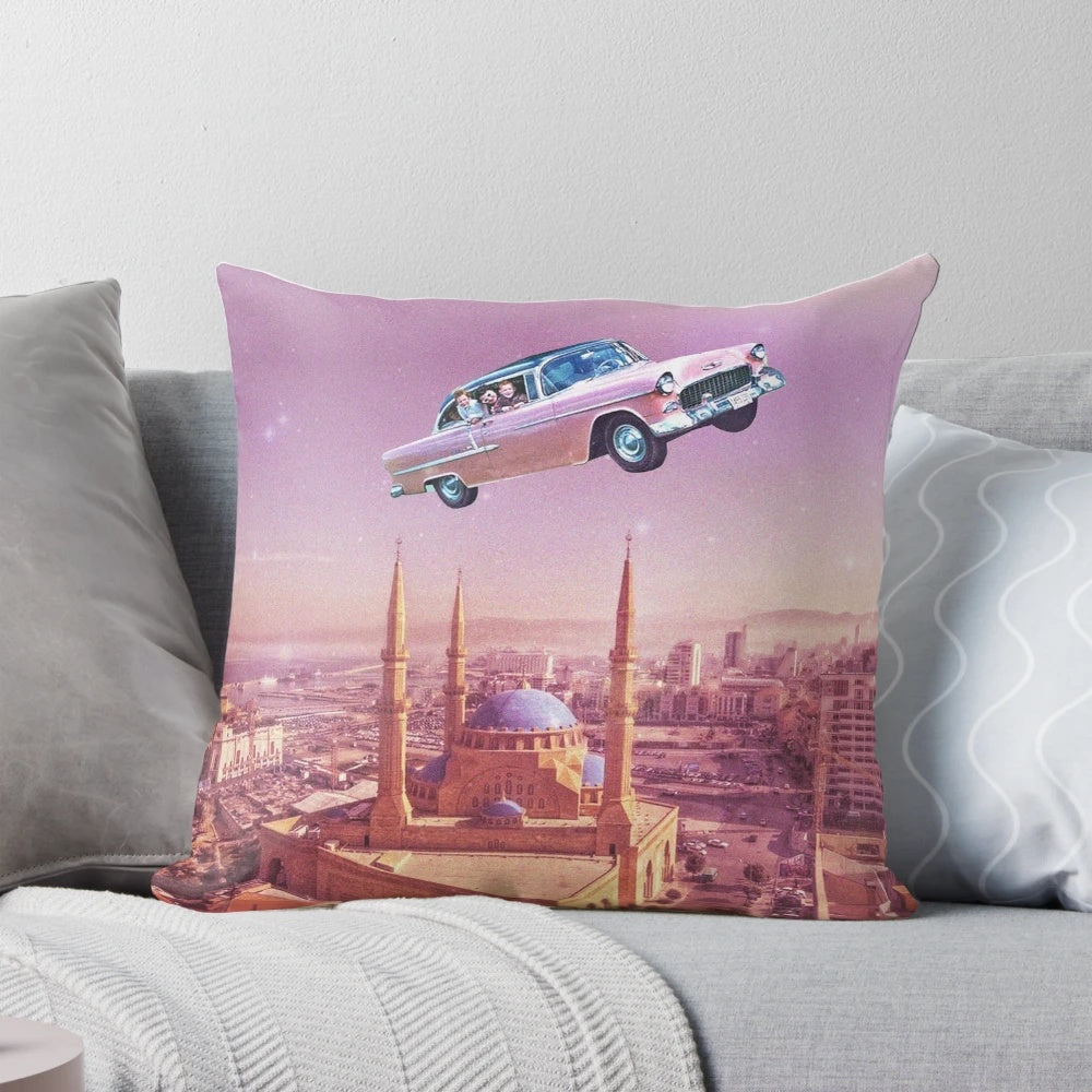 A surreal digital art collage of a vintage retro car floating over the streets of Lebanon.