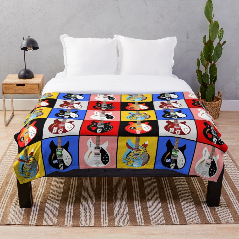 Plush blanket featuring vintage Rickenbacker guitar design, inspired by Paul Weller's guitar collection