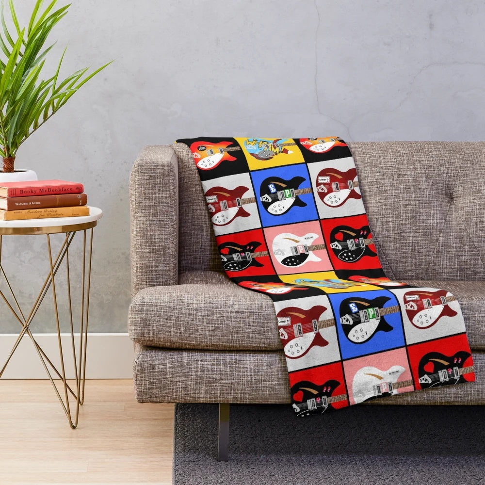 Plush blanket featuring vintage Rickenbacker guitar design, inspired by Paul Weller's guitar collection